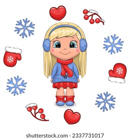 Cute cartoon blond girl in a winter frame. Vector illustration of a little woman with red mittens, berries, hearts and blue snowflakes on a white background.