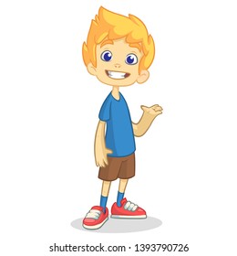 Cute Cartoon Blonde Boy Waving And Smiling. Vector  Illustration Of A Teenager