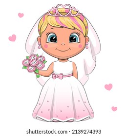 Cute cartoon blonde bride in a white dress is holding a bouquet of flowers. Vector illustration of a girl on a white background with hearts.