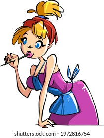 Cute cartoon blonde girl in a blue apron bites her pen