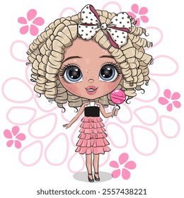 Cute Cartoon blonde Girl with bow and lollipop