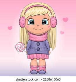 Cute cartoon blonde girl in a coat holding a lollipop. Vector illustration on a pink background.