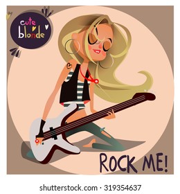 süßes Cartoon-Blonde-Mädchen mit Gitarre