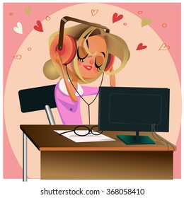 Cute Cartoon Blonde Girl With Headphones 