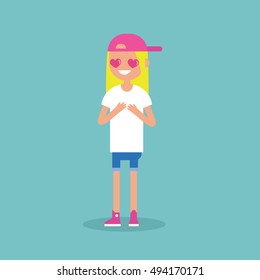 Cute cartoon blonde girl with heart-shaped eyes falling in love / Editable flat vector illustration