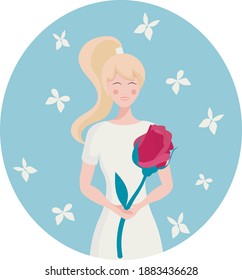 Cute cartoon blonde girl with a rose on a blue background with butterflies.