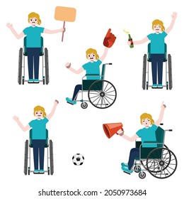 Cute cartoon blonde girl, wheelchair user, soccer or football game fan illustration.