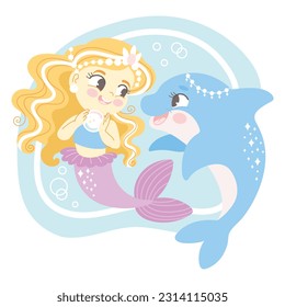 Una caricatura rubia de pelo lindo con una sirena amiga delfín. Dibujo vectorial aislado en estilo plano. Fondo blanco. Para impresión, diseño, afiche, pegatina, tarjeta, decoración y diseño de camisetas