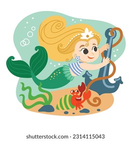 Cute cartoon blonde haired mermaid with a anchor. Vector cartoon illustration in flat style isolated on a white background. For print, design, poster, sticker, card, decoration and t shirt design