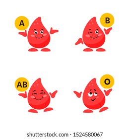 Cute cartoon blood drop. Vector cartoon illustration. Blood type or blood group character concept.  