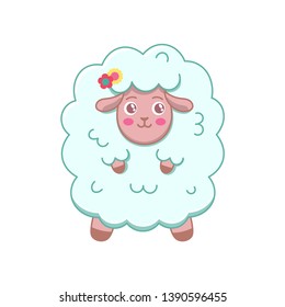 Cute Cartoon blue alpaca with bubble flower