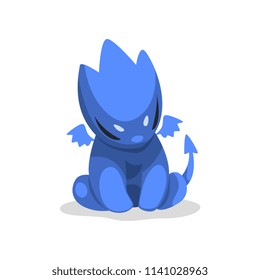 Cute cartoon blue baby dragon, funny fantasy animal character vector Illustration on a white background