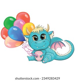 Cute cartoon blue baby dragon with horns and wings. Symbol of 2024 according to the Chinese calendar. Funny mythical monster reptile
