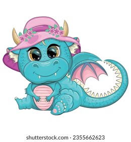 Cute cartoon blue baby dragon in a summer hat. Symbol of 2024 according to the Chinese calendar
