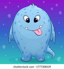 Cute cartoon blue baby monster in the water. Vector illustration of a water creature on the blue background.