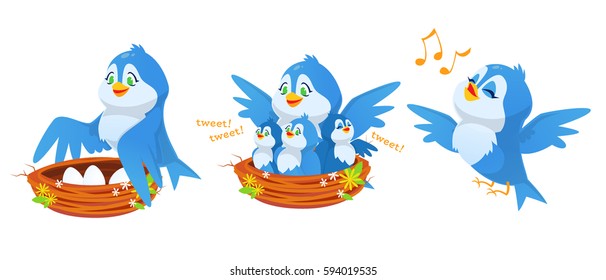 Cute cartoon blue bird character with baby birds and eggs in nest. Flying, singing, standing, tweeting. Mom and kids. Vector illustration.