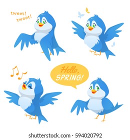 Cute cartoon blue bird character in different poses. Flying, singing, standing, tweeting. Hello spring. Vector illustration.