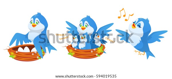 鳥と卵を巣に入れた かわいい漫画の青い鳥のキャラクター 飛ぶ 歌う 立つ ツイートする お母さんと子供 ベクターイラスト のベクター画像素材 ロイヤリティフリー