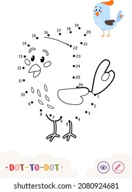 Cute cartoon blue bird with crest dot-to-dot full page colorless contour image for youngest children. Simple birdie isolated on white. Coloring pages for fun and learning for kids.
