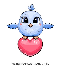 Cute cartoon blue bird holds a big heart. Vector illustration of an animal on a white background.