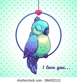 Cute cartoon blue bird sitting in the ring, vector illustration

