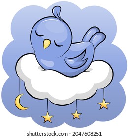 Cute cartoon blue bird sleeps on a cloud. Night vector illustration.