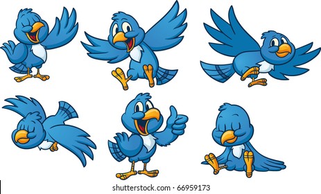 Cute cartoon blue birds. Vector illustration with simple gradients. All elements in separate layers for easy editing.