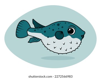 Cute and Cartoon Blue Blowfish on background. 