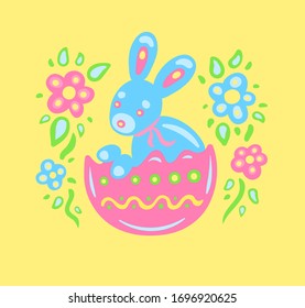Cute cartoon blue bunny in broken pink egg with decorated Easter flowers grass. Colorful vector illustration for merchandise, posters or apparel design.
