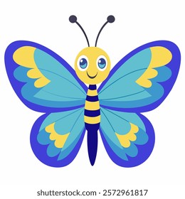 Cute cartoon blue butterfly isolated on white background. Side view. Vector illustration.