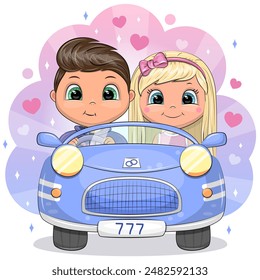 Cute cartoon blue car with boy and girl. Vector illustration of a couple in a vehicle on a colorful background with pink hearts.