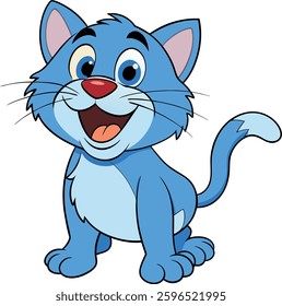 Cute cartoon blue cat with big eyes and happy expression.
