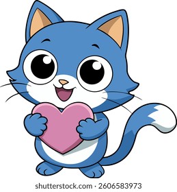 Cute cartoon blue cat holding a pink heart isolated on white background.