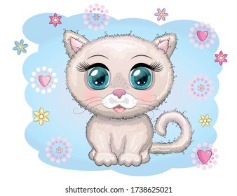 Cute cartoon blue cat, kitten on a background of flowers