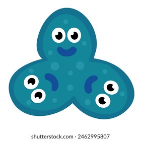 Cute cartoon blue character bacteria, microbe, germ. Microbiology organism. Mascot expressing emotion. Vector children illustration in flat design.