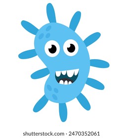 Cute cartoon blue character bacteria, microbe, germ. Microbiology organism. Mascot expressing emotion. Vector children illustration in flat design.