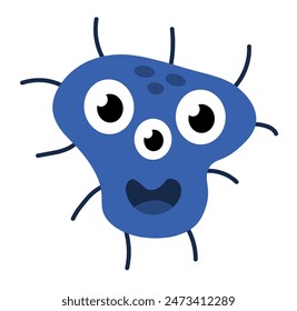 Cute cartoon blue character bacteria, microbe, germ. Microbiology organism. Mascot expressing emotion. Vector children illustration in flat design.