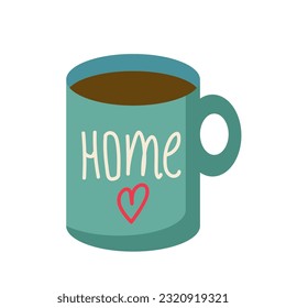 Cute cartoon blue colored mug with handwritten word home with pink heart.Vector 
