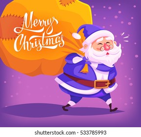 Cute cartoon blue costume Santa Claus delivering gifts in big bag Merry Christmas vector illustration Greeting card poster