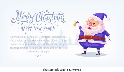 Cute cartoon blue costume Santa Claus ringing bell and smiling Merry Christmas vector illustration Greeting card poster horizontal banner