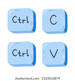 Botones lindos del teclado de la historieta azul Ctrl C y Ctrl V. Copiar y pegar atajos de teclas para PC, ordenador y portátil. Combinación de teclas para insertar texto, Imágenes. Clipart dibujado a mano aislado en blanco.