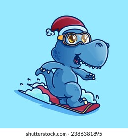cute cartoon blue dino mascot playing snowboard.adorable cartoon mascot illustration
