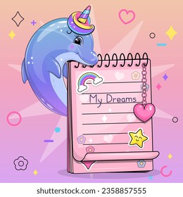 A cute cartoon blue dolphin and a big pink notebook with stickers. Vector illustration of an animal on a colorful background with a heart, stars, circles and a flower.
