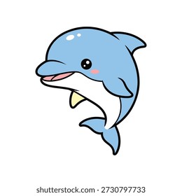 Cute cartoon blue dolphin with smiling expression and visible teeth