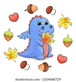 Cute cartoon blue dragon in autumn frame. Vector illustration of an animal with hearts, leaves, nuts, acorns and mushrooms on a white background.
