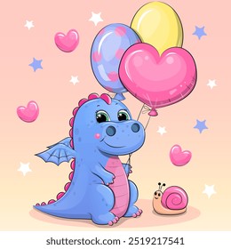 Cute cartoon blue dragon with balloons and snail. Vector illustration of an animal on a pink background with hearts and stars.