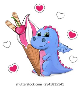 Cute cartoon blue dragon and big ice cream  Summer animal vector illustration white background and pink hearts  
