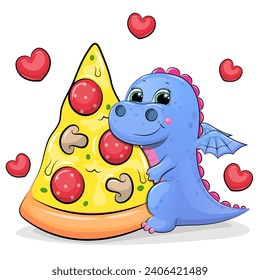 Cute cartoon blue dragon with a big piece of pizza. Vector illustration of animal on a white background with red hearts.