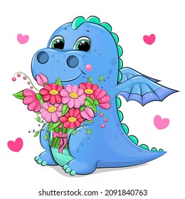 Cute cartoon blue dragon with a bouquet of flowers and hearts . Vector illustration of an animal on a white background.