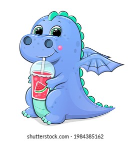 Cute cartoon blue dragon drinks watermelon juice. Vector illustration of an animal isolated on white.